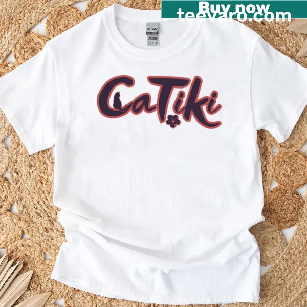 Cartoon cat in a tiki setting on a t-shirt
