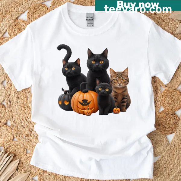 Whimsical graphic of playful cats on a t-shirt