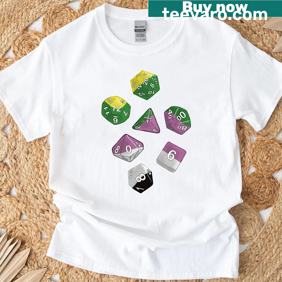 Humorous gaming-themed T-shirt with dice illustrations — on a men's t-shirt