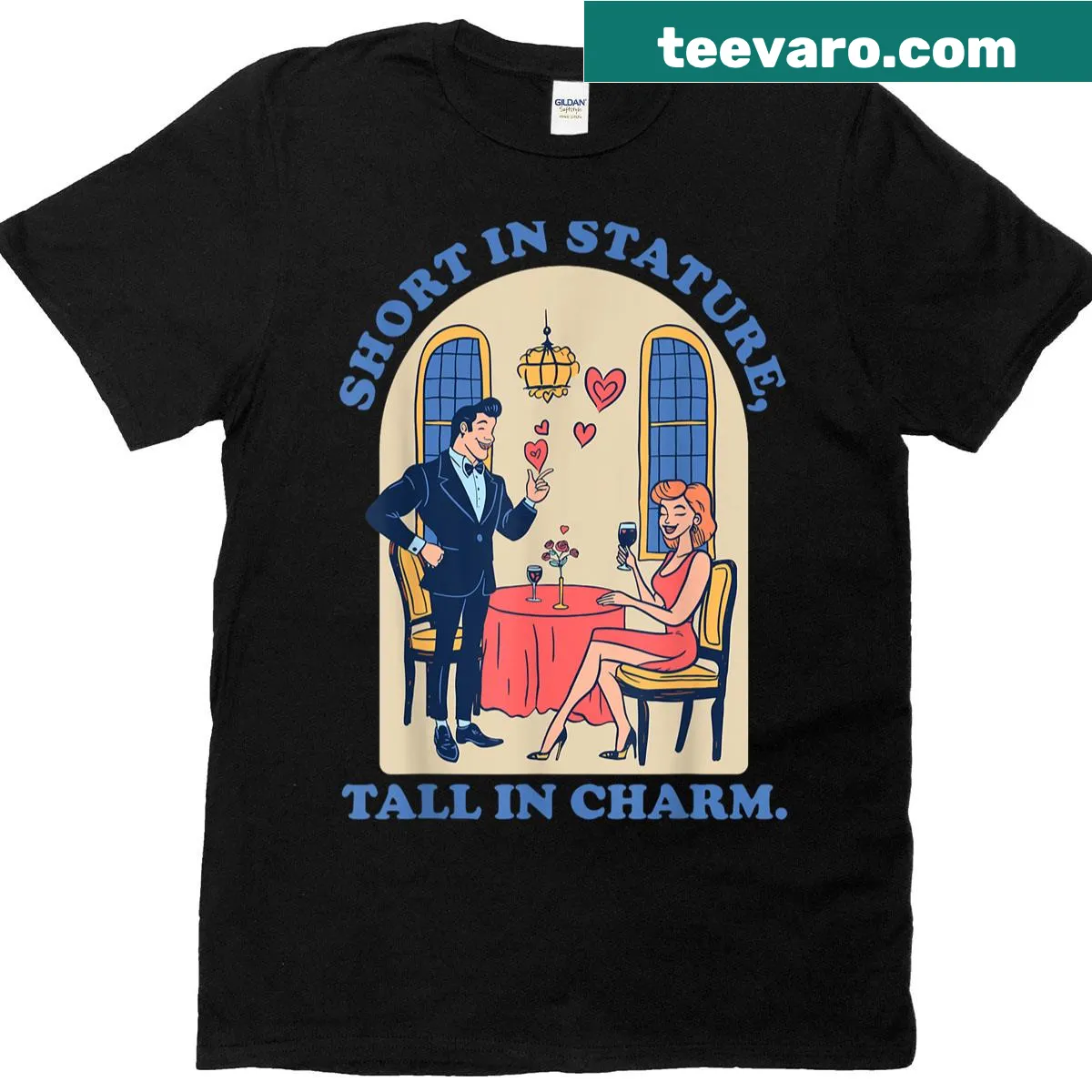 T-shirt with humorous typography saying 'Charm Knows No Height' — on a men's t-shirt