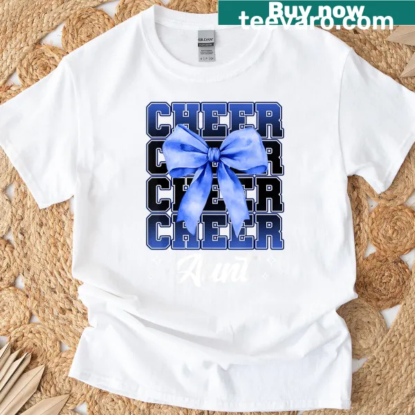Cheer Aunt T-shirt with illustrations of cheerleading bows