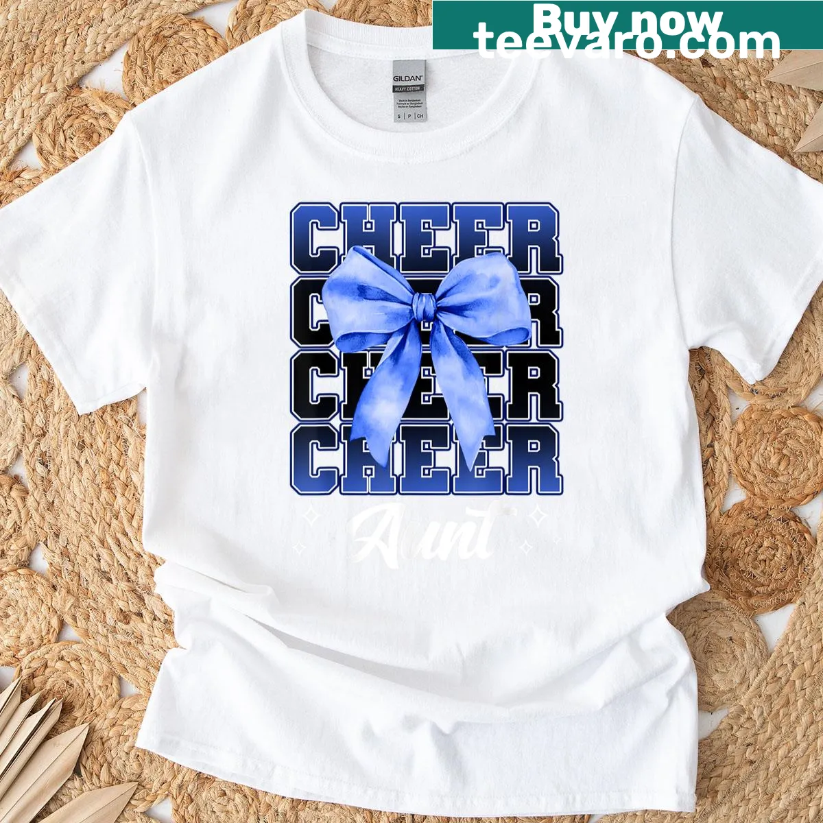 Cheer Aunt T-shirt with illustrations of cheerleading bows — on a men's t-shirt
