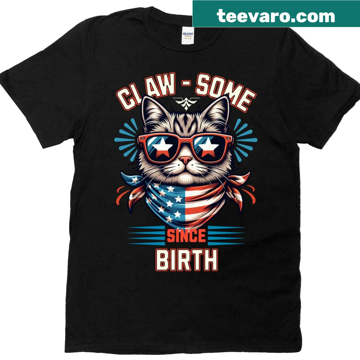 Patriotic cat graphic t-shirt with 'Claw-some Since Birth' text — on a men's t-shirt