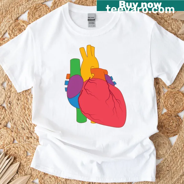 Color block rainbow heart graphic on a t-shirt