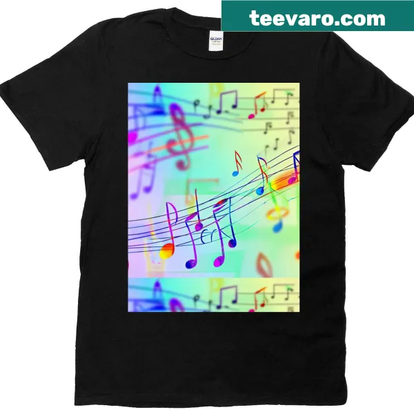 T-shirt featuring colorful music notes on a pastel background