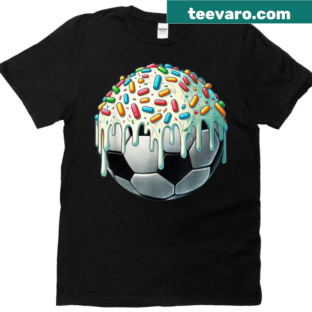T-shirt with a melting ice cream styled soccer ball graphic — on a men's t-shirt