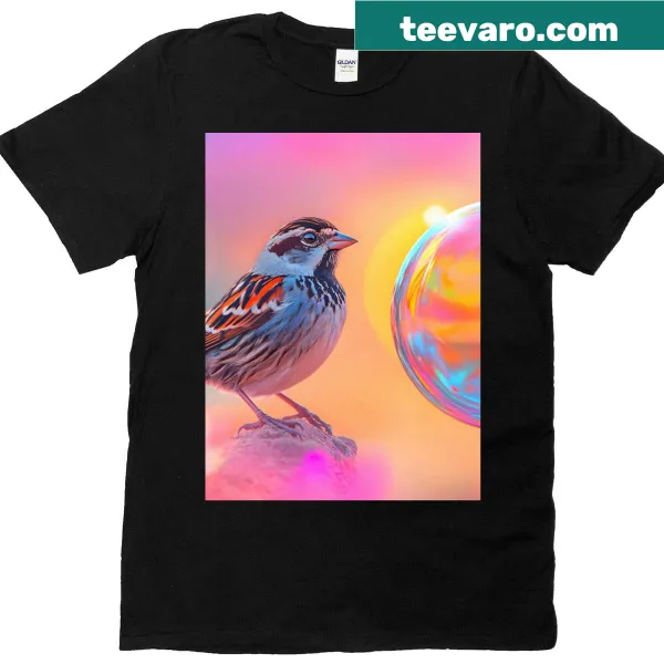 Sparrow graphic with rainbow bubbles on a casual T-shirt