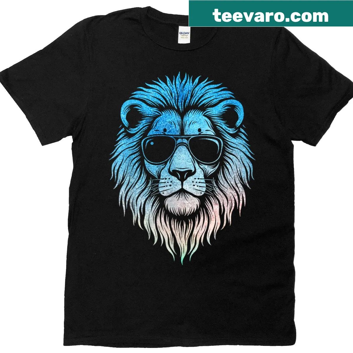 Illustrated lion wearing sunglasses graphic t-shirt — on a men's t-shirt