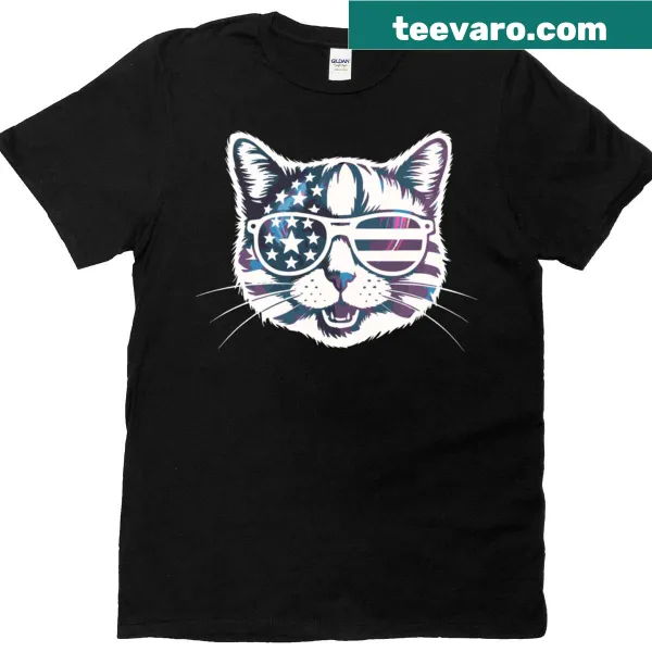 Patriotic cat graphic T-shirt with sunglasses and American flag