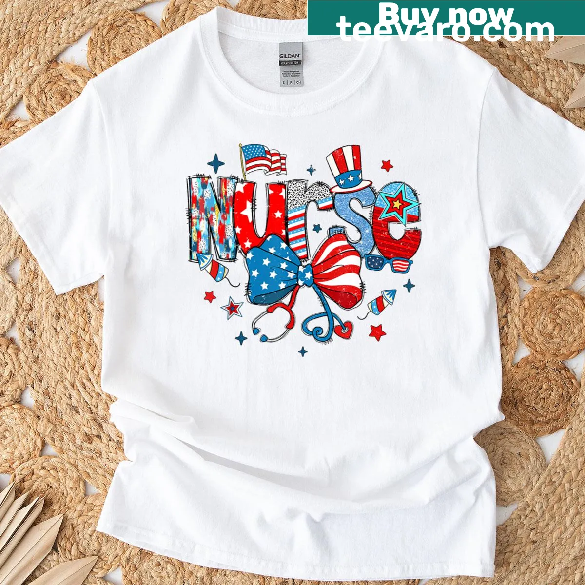 Hand-lettered patriotic bow design T-shirt for nurses — on a men's t-shirt