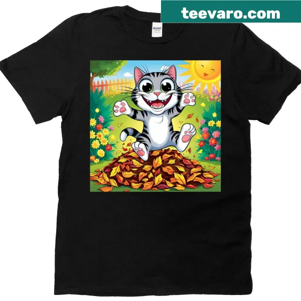 Illustrated cat sitting on leaves T-shirt