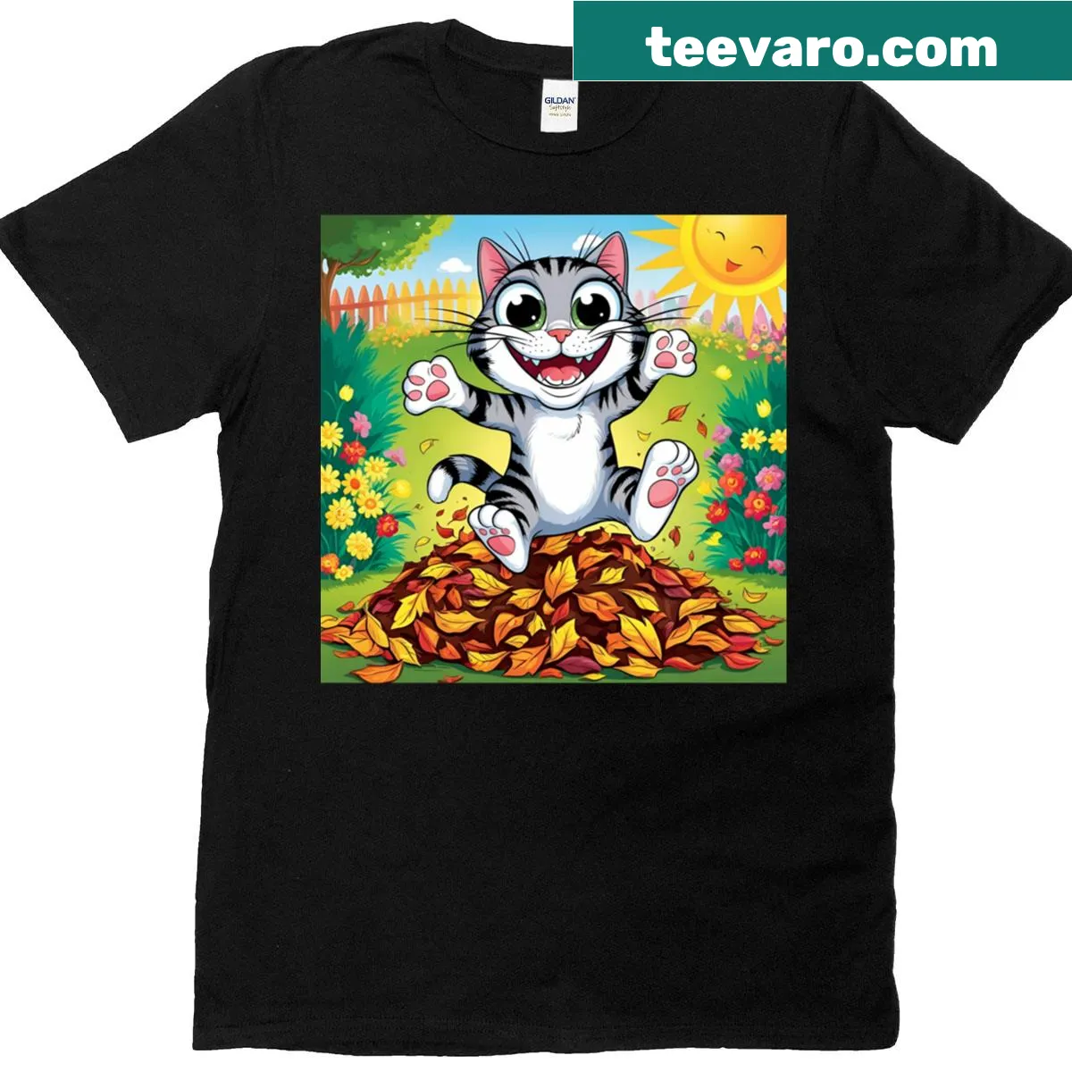 Illustrated cat sitting on leaves T-shirt — on a men's t-shirt