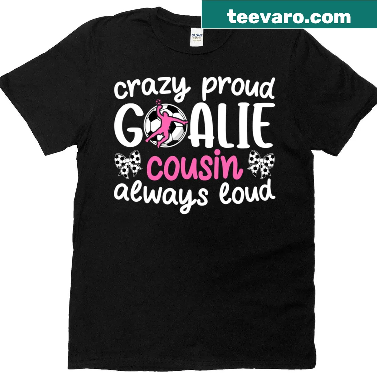 Playful typography t-shirt for soccer goalie cousins — on a men's t-shirt