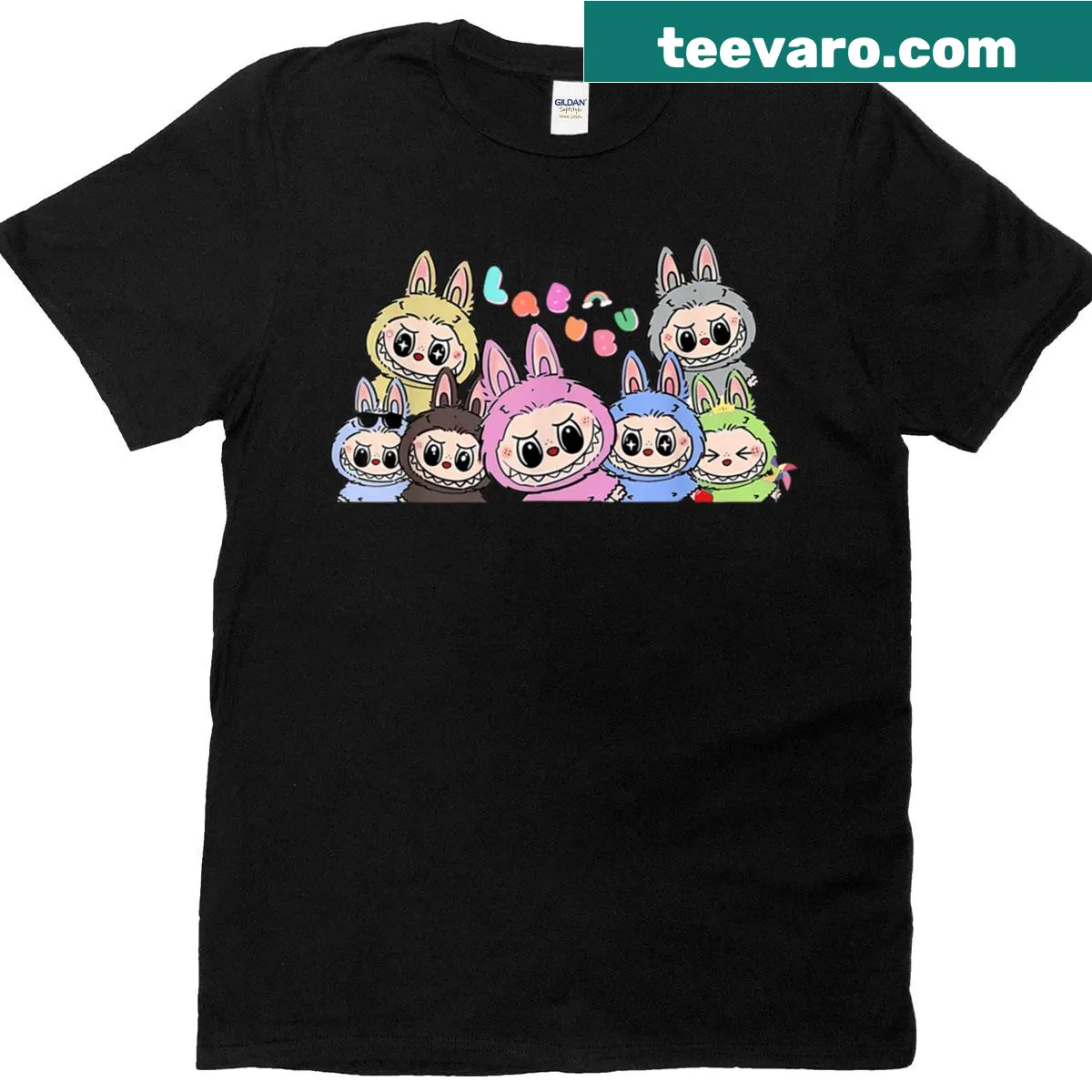 Illustration of cute Labubu monsters on a T-shirt — on a men's t-shirt