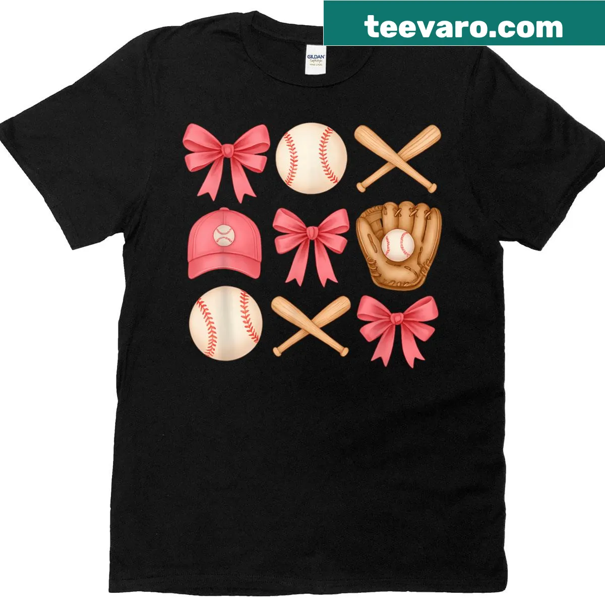 Pink T-shirt featuring a cute baseball bow design — on a men's t-shirt