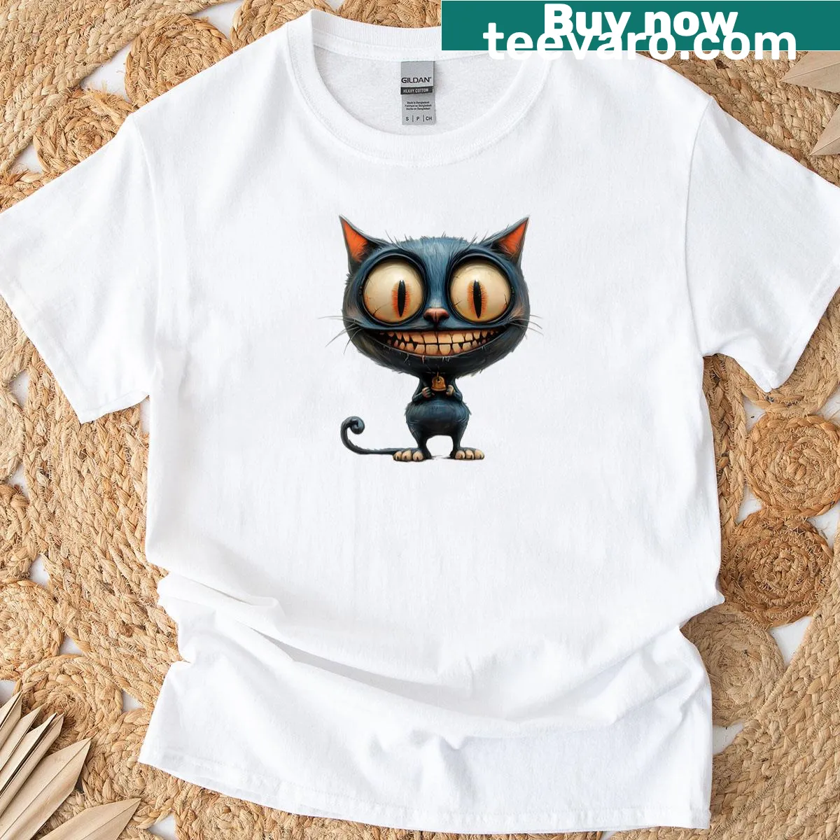 Cute spooky cat graphic on a Halloween-themed t-shirt — on a men's t-shirt