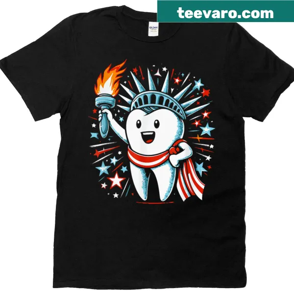 Patriotic T-shirt featuring a tooth graphic with stars and stripes