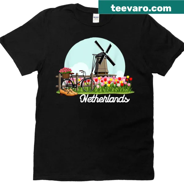 Illustrated T-shirt with windmills and tulip fields design