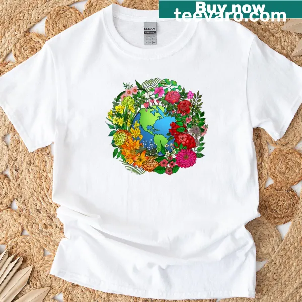 Illustrative Earth Garden T-shirt featuring flourishing plants and nature