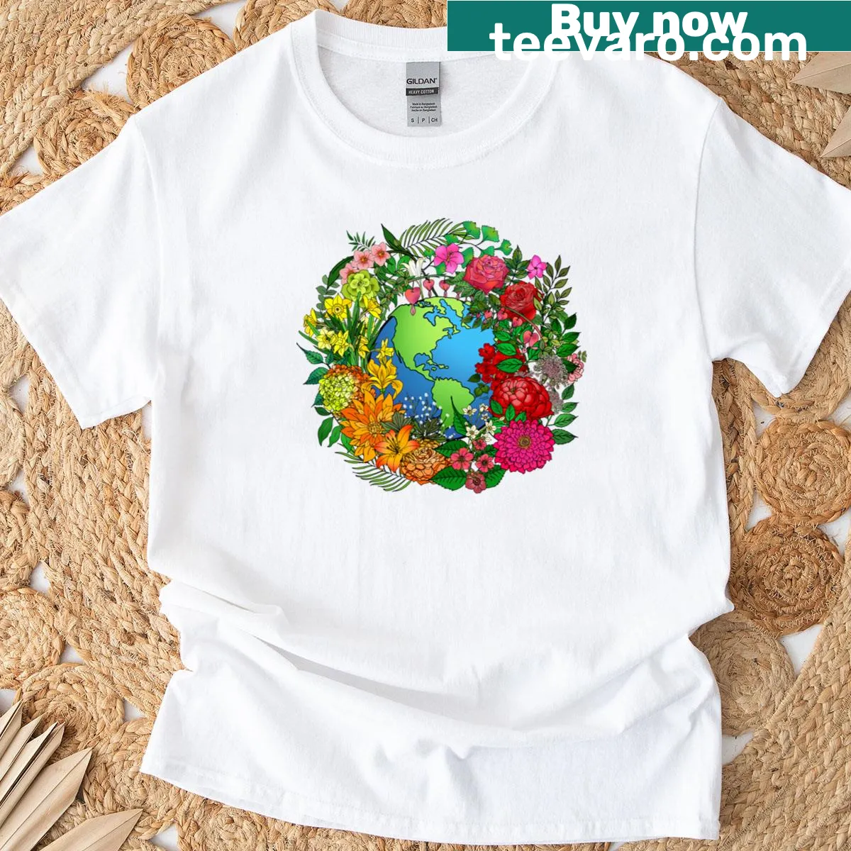 Illustrative Earth Garden T-shirt featuring flourishing plants and nature — on a men's t-shirt