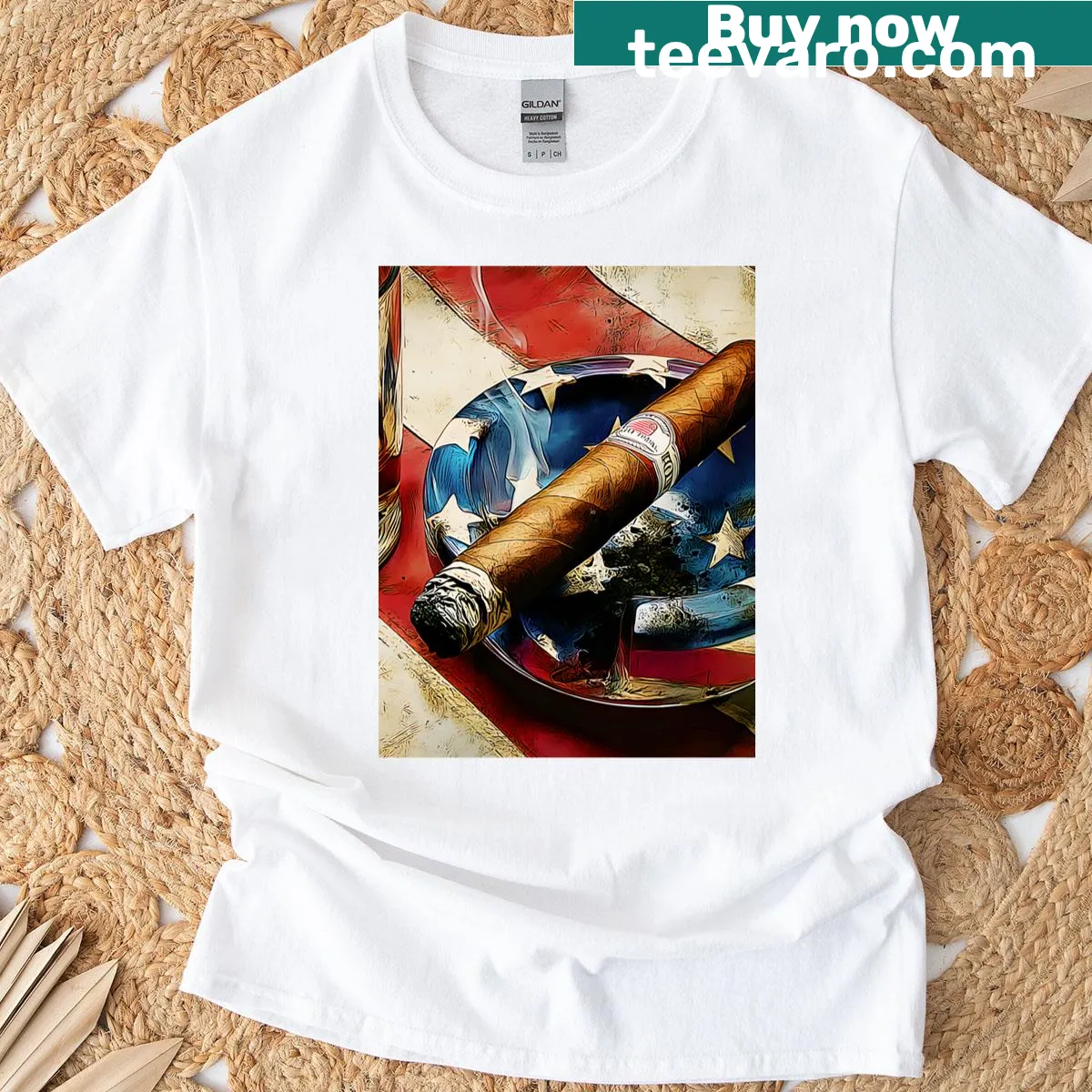 Vintage Fourth of July scene with cigar and ashtray on a T-shirt — on a men's t-shirt
