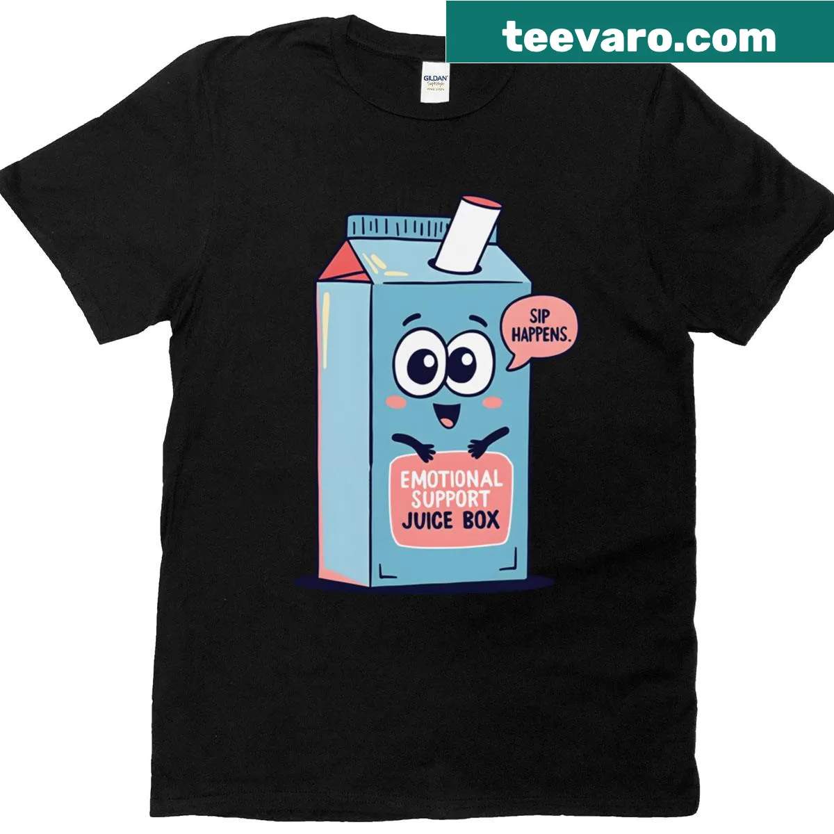 Funny Emotional Support Juice Box t-shirt with playful text — on a men's t-shirt
