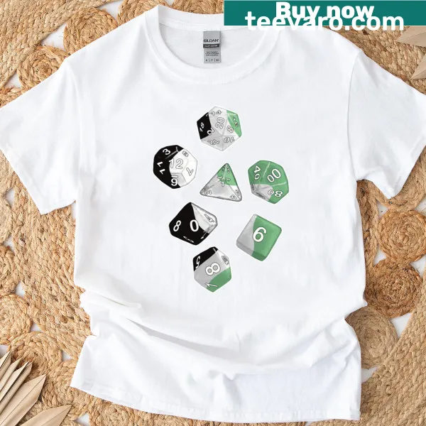 Dynamic illustration of various dice on a casual T-shirt