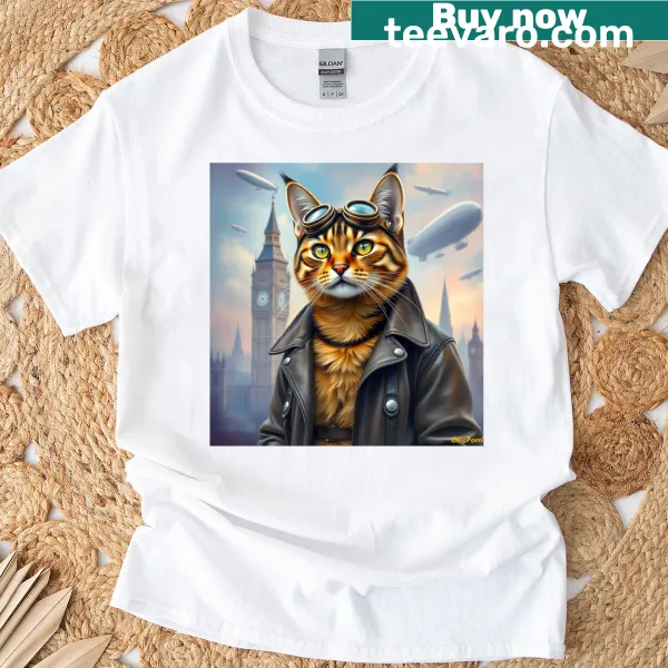 Illustration of an explorer Bengal cat on a T-shirt