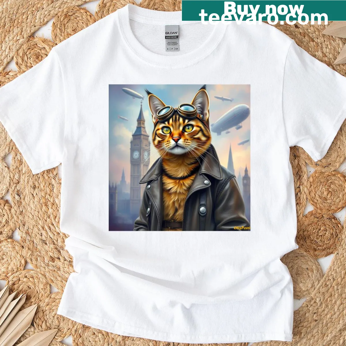Illustration of an explorer Bengal cat on a T-shirt — on a men's t-shirt
