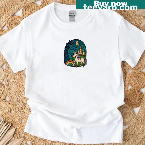 Illustrative T-shirt featuring a whimsical fantasy landscape