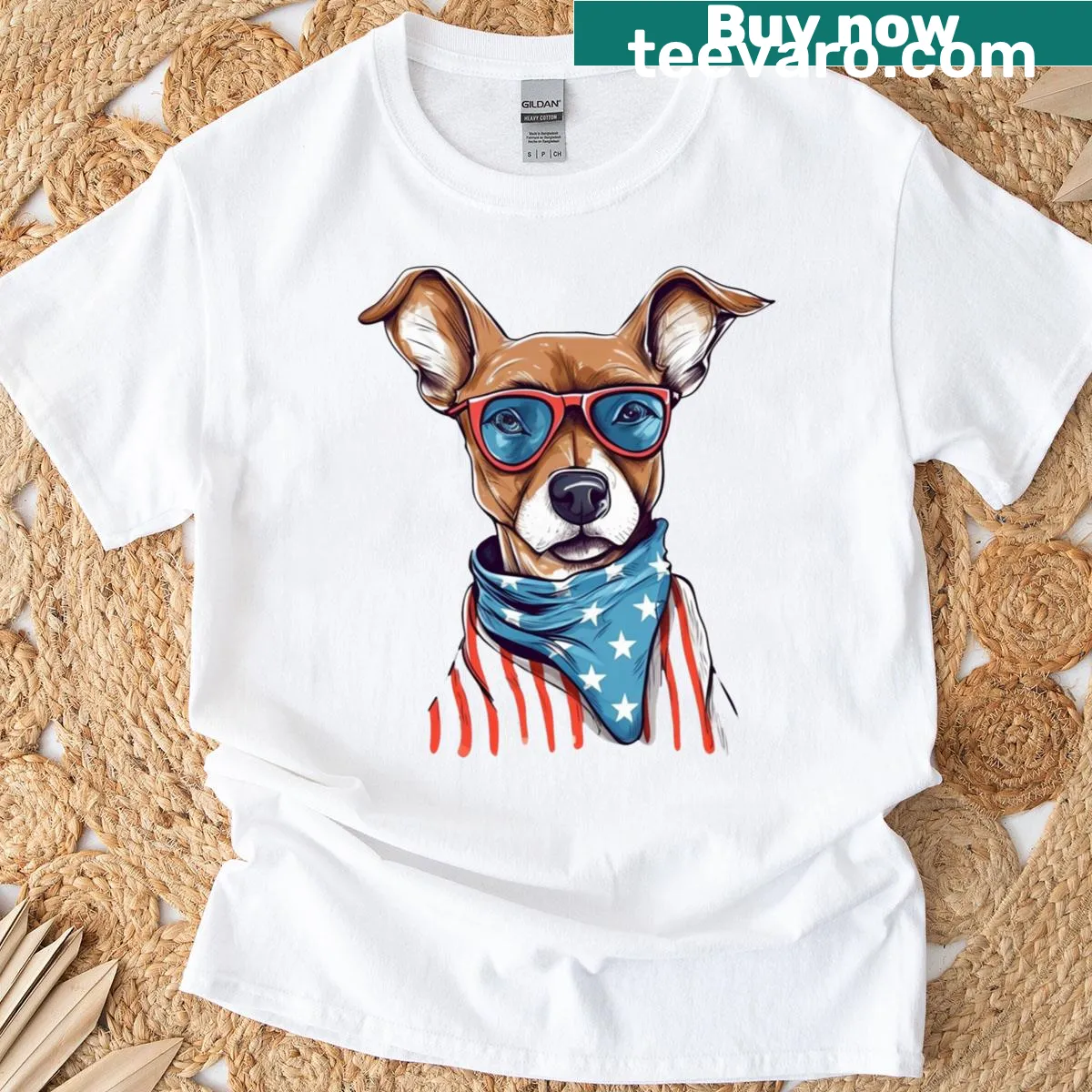 Cartoon dog in glasses and bandana with a patriotic theme — on a men's t-shirt