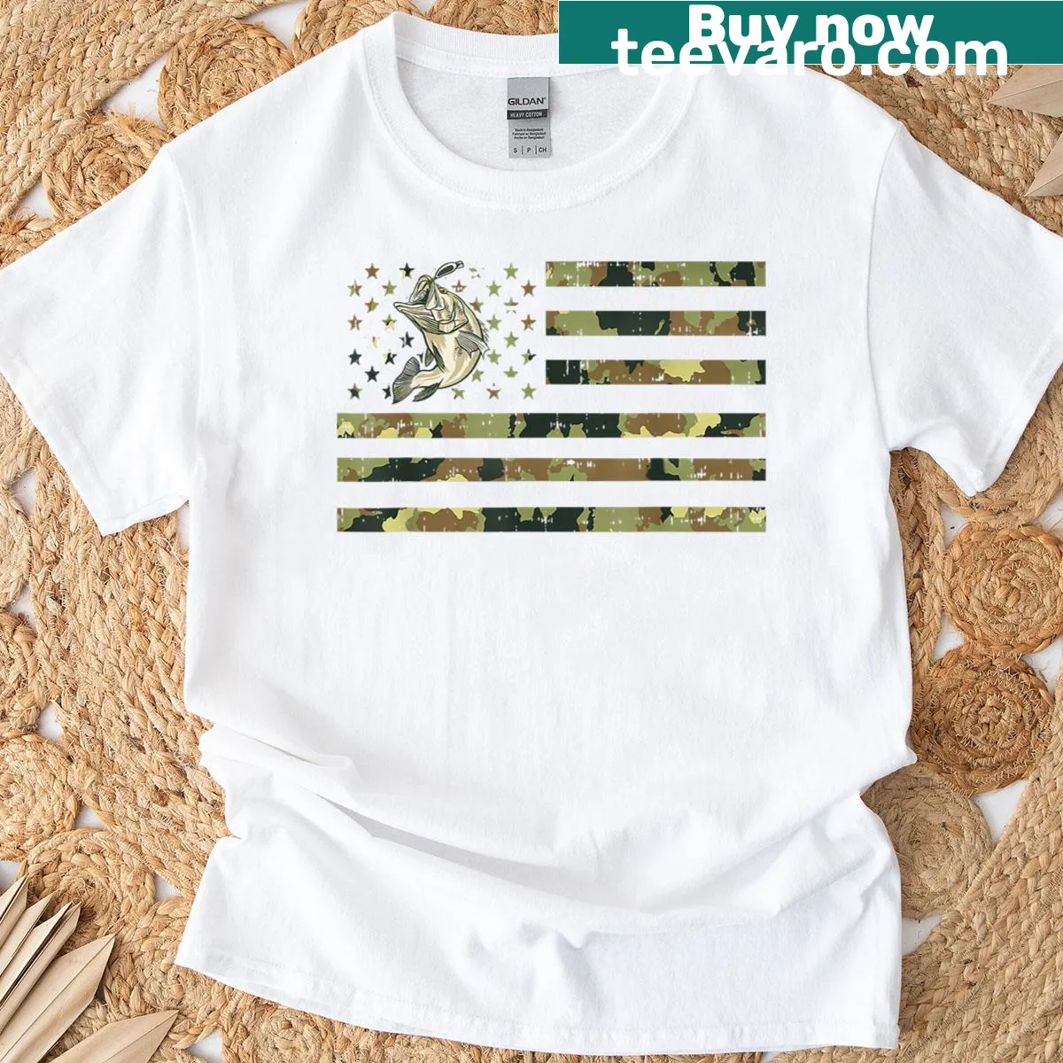Camouflage design with bass fish and American flag on a T-shirt — on a men's t-shirt