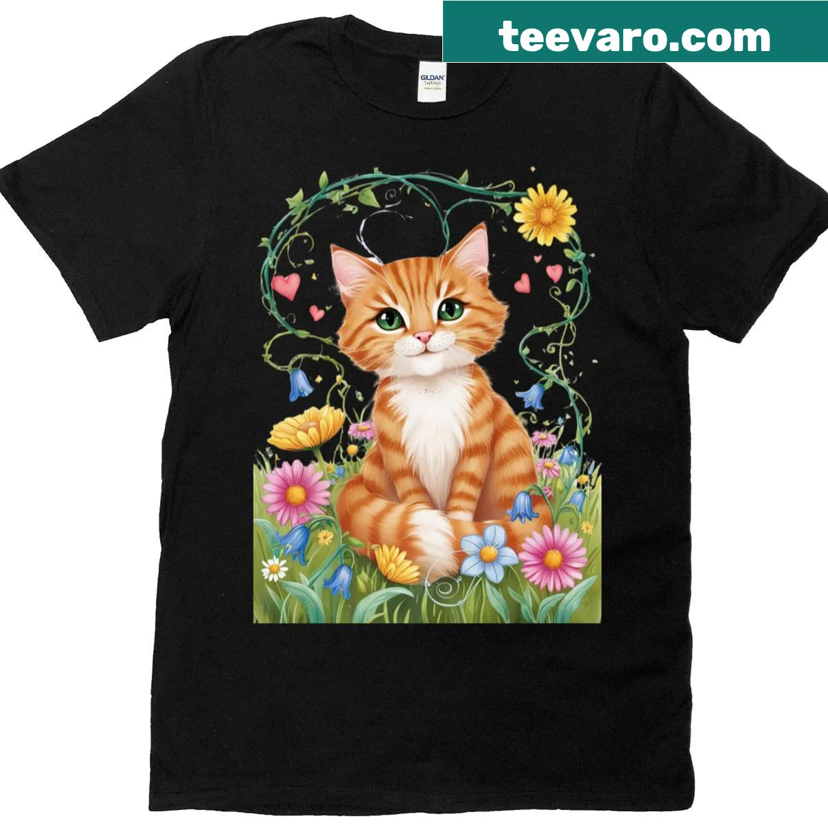 Cute t-shirt featuring a cat design surrounded by floral elements — on a men's t-shirt