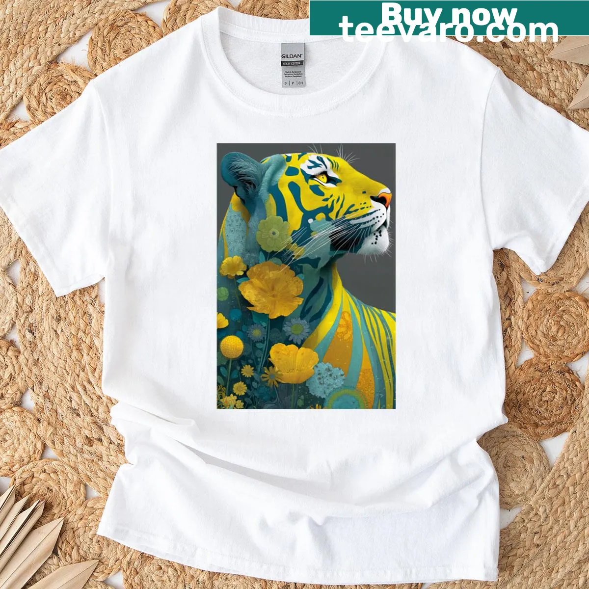 Illustrated retro floral tiger graphic on T-shirt — on a men's t-shirt