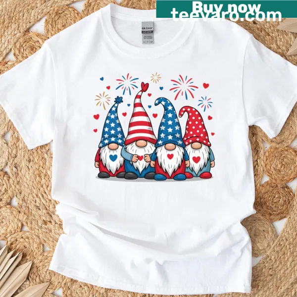 Whimsical t-shirt featuring four gnomes in a Fourth of July theme