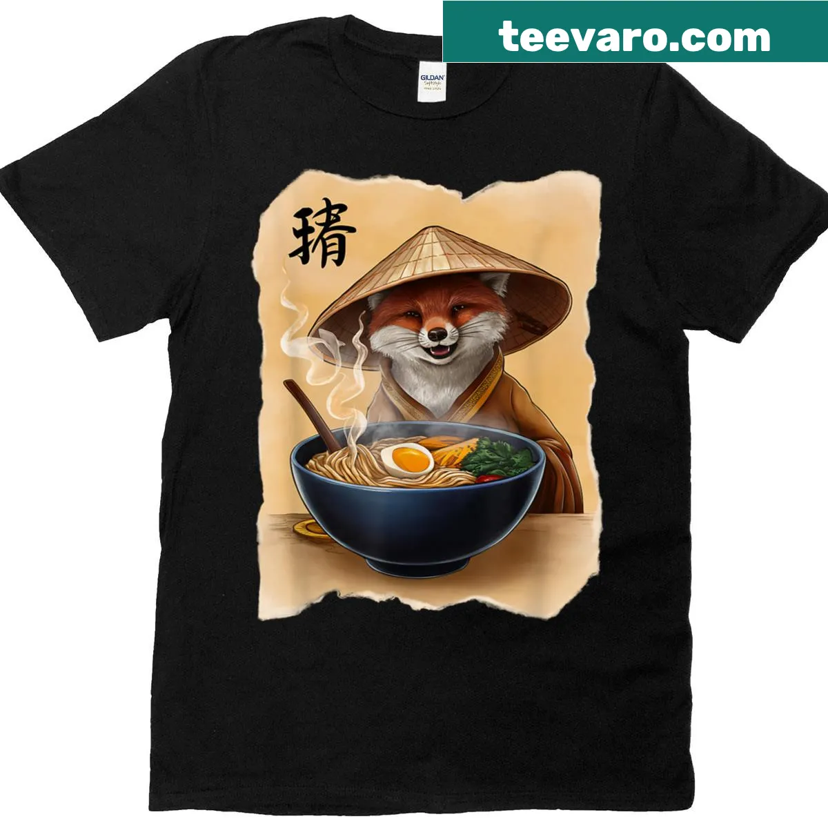 Kawaii Fox t-shirt with a cute fox eating ramen — on a men's t-shirt