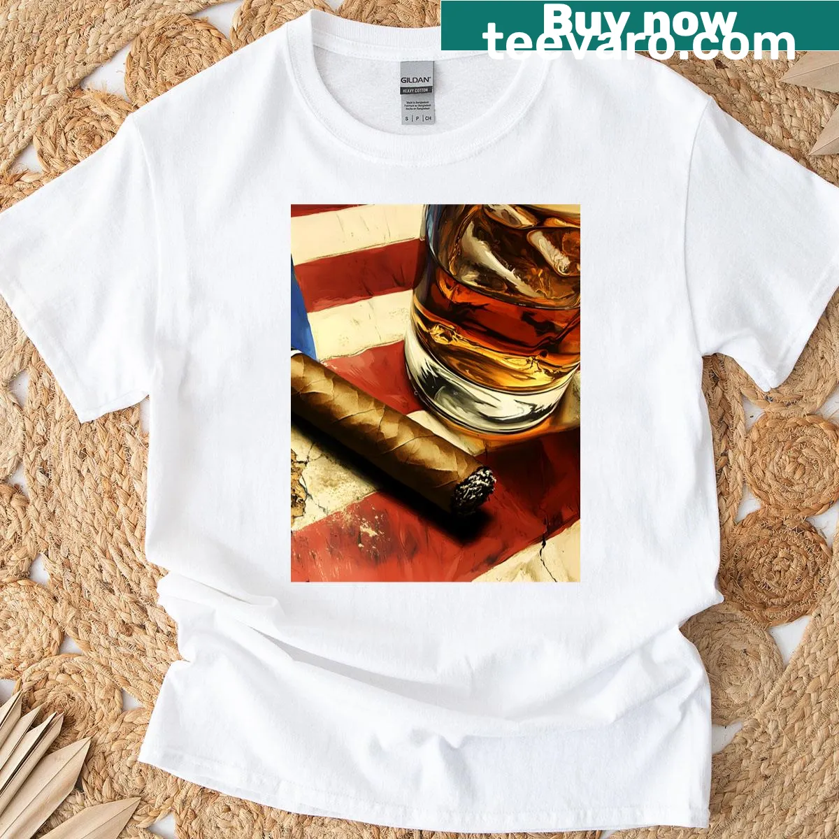 T-shirt featuring whiskey, cigar, and rustic American flag design — on a men's t-shirt