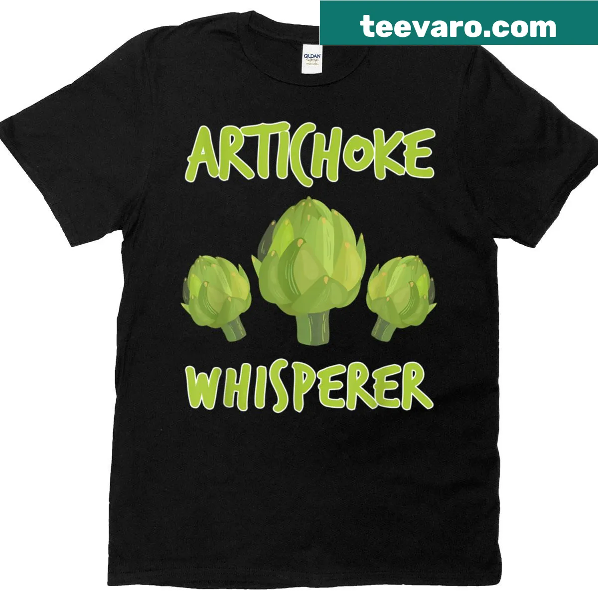 Whimsical T-shirt featuring a cartoon artichoke whisperer design. — on a men's t-shirt