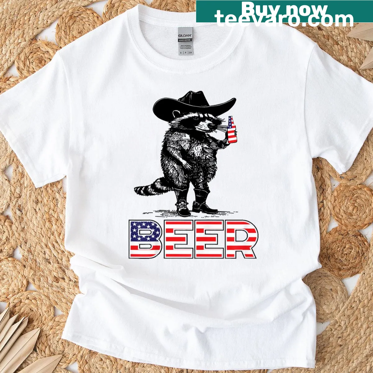 Funny raccoon beer drinking t-shirt with USA flag design — on a men's t-shirt