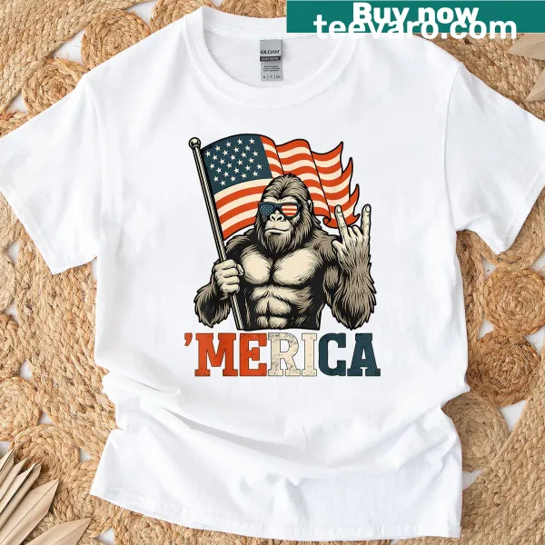 Funny Bigfoot t-shirt rocking under the USA flag