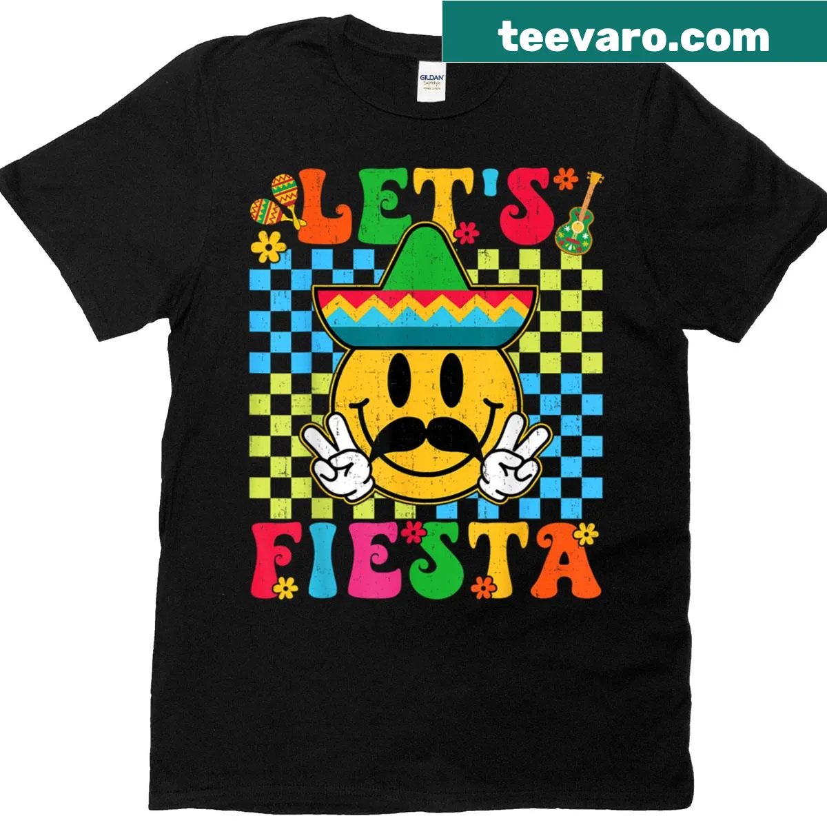 Playful Cinco De Mayo Fiesta T-shirt with checkered design — on a men's t-shirt