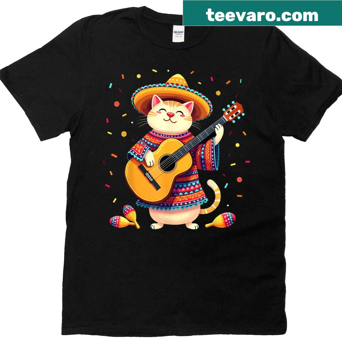 Cat in a sombrero playing guitar for Cinco de Mayo. — on a men's t-shirt