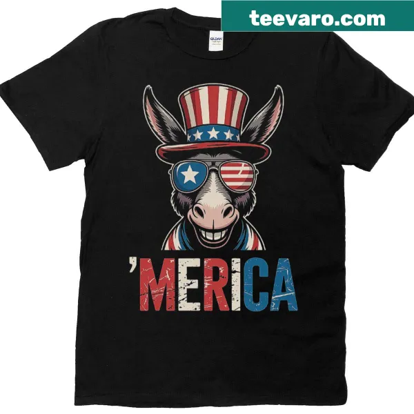 Funny patriotic donkey with American flag glasses on a t-shirt