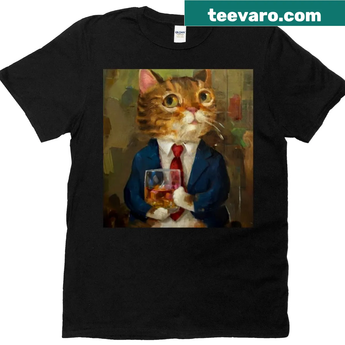 Cat in a suit enjoying tea graphic on a t-shirt — on a men's t-shirt