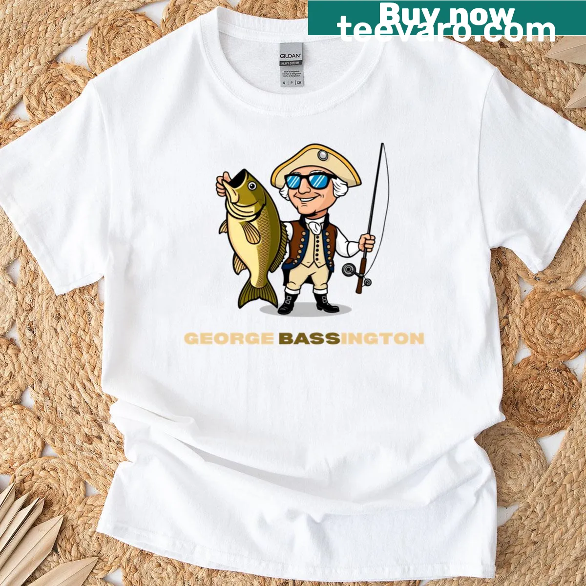 Fishing-themed T-shirt honoring George Bassington — on a men's t-shirt