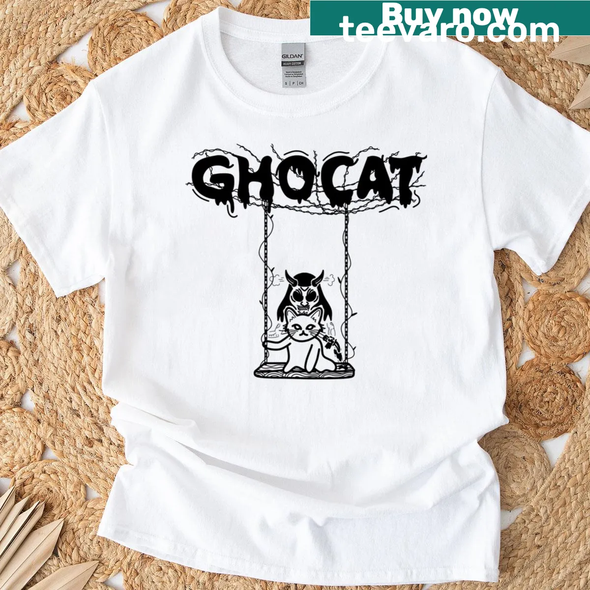 Spooky T-shirt with ghost cat on swing and demon shadow — on a men's t-shirt