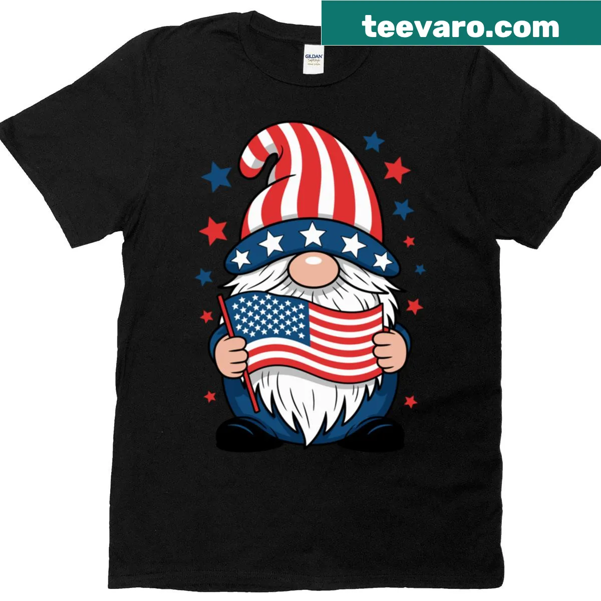Whimsical Gnom 4th Of July T-shirt with festive illustrations — on a men's t-shirt