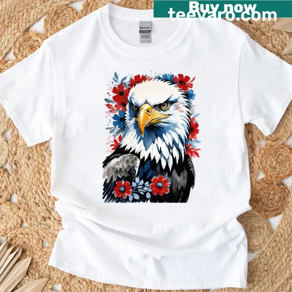 Bald eagle design with red, white, and blue flowers on t-shirt