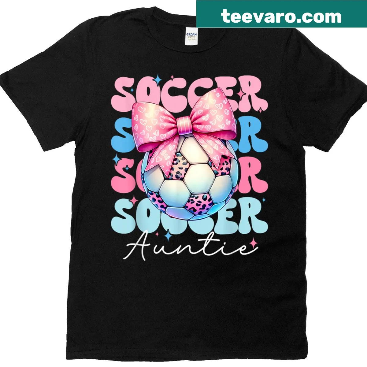 Playful t-shirt for soccer aunts with leopard and bow designs. — on a men's t-shirt