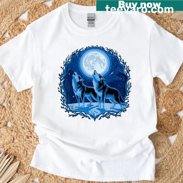 T-shirt featuring howling wolves design against the moon